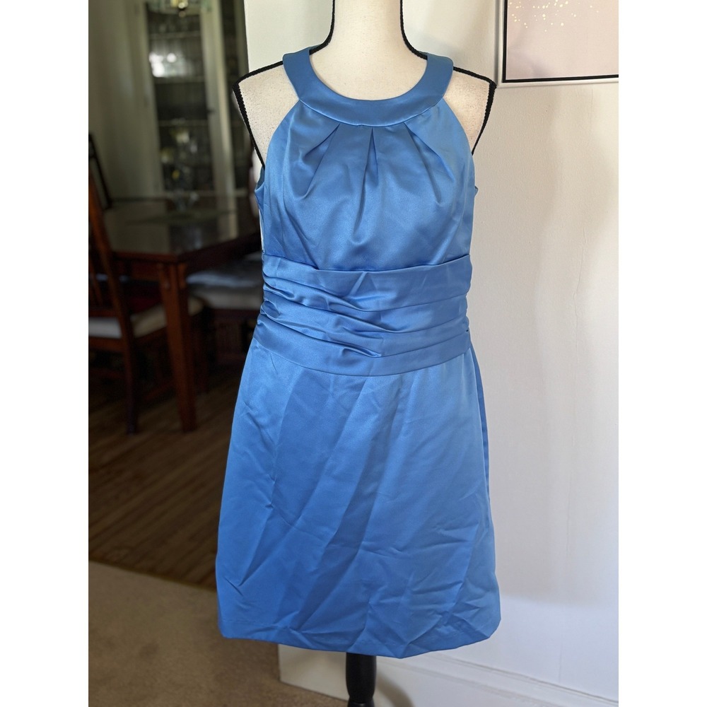 David's Bridal Satin Halter Cocktail Dress Sz10 Horizon Blue (Pool) Ruched Waist - Picture 2 of 9